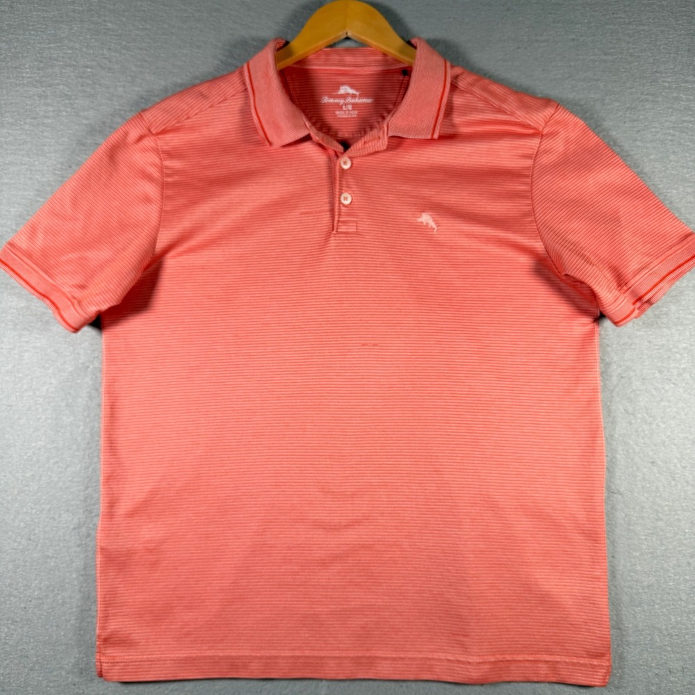 Tommy Bahama Mens Large Coral Orange Micro Stripe Short Sleeve Polo Shirt L